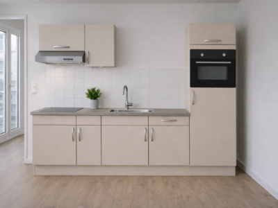 Moderne rechte keuken in cashmere kleur met ingebouwde oven, afzuigkap en spoelbak, geplaatst tegen een muur met patroonbehang en sfeerverlichting