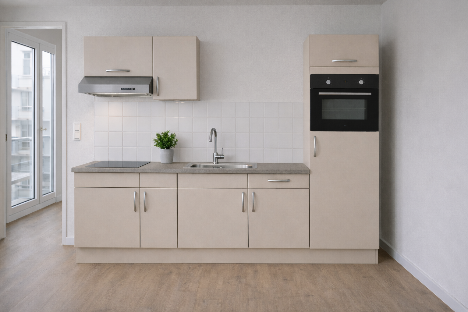 Cashmere 280 cm cashmere Moderne rechte keuken in cashmere kleur met ingebouwde oven, afzuigkap en spoelbak, geplaatst tegen een muur met patroonbehang en sfeerverlichting