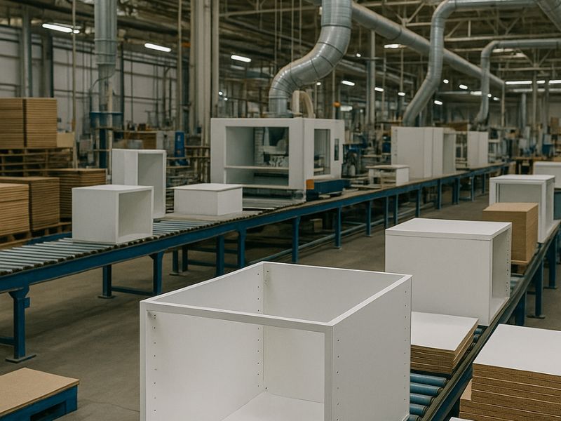Fabriek waar voorgemonteerde keukens worden gemaakt