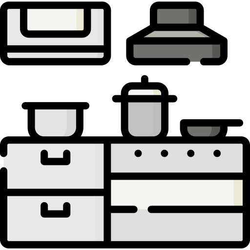 Icoon van een keukenblok met onderkasten, oven, afzuigkap en accessoires – symboliseert een complete keukeninrichting zonder kleur.