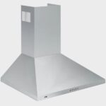 RVS schouwafzuigkap van ETNA met piramidevormig design, verticale afvoer en vijf bedieningsknoppen aan de voorzijde.