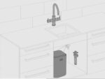 Schematische weergave van een kokendwaterkraan met boiler en filter geplaatst in een keukenkastje onder het aanrecht.