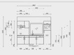 Technische frontaanzicht-tekening van een rechte keuken van 280 cm breed met indeling van onderkasten, bovenkasten, spoelbak, afzuigkap, inductiekookplaat, combimagnetron en koel-vriescombinatie