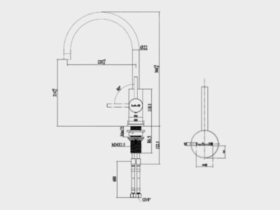 Tekening van afmetingen Reginox kraan spring