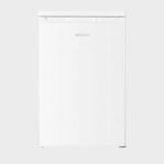 Witte vrijstaande Wiggo mini-koelkast met geïntegreerde handgreep aan de bovenkant en strak, minimalistisch design.