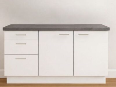 Wit keukenblok met 3 lades, inclusief grafietgrijs blad en plint.