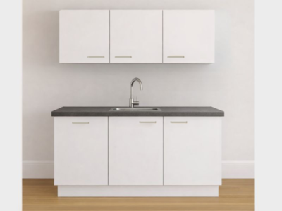 Wit keukenblok met lade, spoelbak en hangkasten. Compleet met blad en plint.