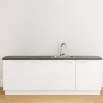 Modern wit keukenblok met binnenlade en antraciet werkblad, met spoelbak en kraan