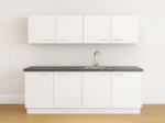 Modern wit keukenblok met binnenlade en antraciet werkblad, met spoelbak en kraan, hangkasten