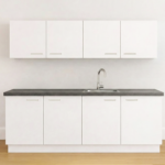 Modern wit keukenblok met binnenlade en antraciet werkblad, met spoelbak en kraan, hangkasten