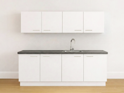 Modern wit keukenblok met binnenlade en antraciet werkblad, met spoelbak en kraan, hangkasten