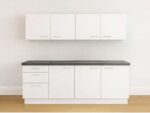 Modern wit keukenblok met binnenlade en antraciet werkblad, met 3 lades, hangkasten