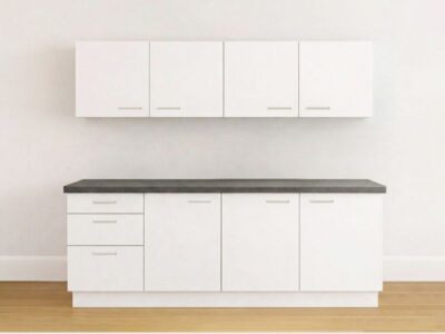 Modern wit keukenblok met binnenlade en antraciet werkblad, met 3 lades, hangkasten