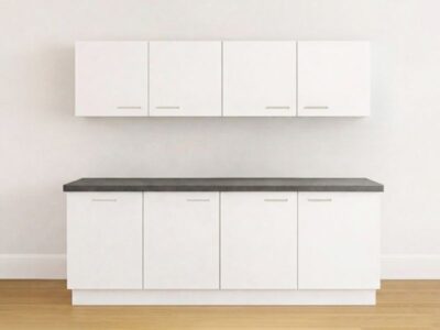 Modern wit keukenblok met binnenlade en antraciet werkblad, met binnenlade, hangkasten