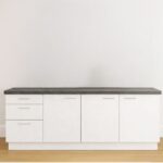 Modern keukenblok met binnenlade en antraciet werkblad, met spoelbak en kraan en 3 lades.