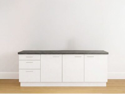 Modern keukenblok met binnenlade en antraciet werkblad, met spoelbak en kraan en 3 lades.