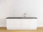 Modern wit keukenblok met binnenlade en antraciet werkblad, met spoelbak en kraan en binnenlade