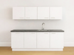 Modern wit keukenblok met binnenlade en antraciet werkblad, met spoelbak en kraan, hangkasten, met binnenlade.