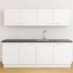 Modern wit keukenblok met binnenlade en antraciet werkblad, met spoelbak en kraan, hangkasten, met binnenlade.