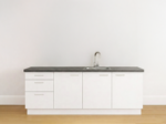 Modern wit keukenblok met drie lades en antraciet werkblad, met spoelbak en kraan