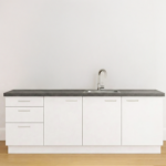 Modern wit keukenblok met drie lades en antraciet werkblad, met spoelbak en kraan