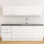 Modern wit keukenblok met spoelbak & kraan en antraciet werkblad, met 3 lades, hangkasten