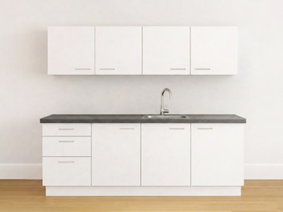 Modern wit keukenblok met spoelbak & kraan en antraciet werkblad, met 3 lades, hangkasten