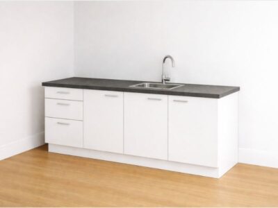 Witte Keuken 240 cm met onderbouwkoelkast, spoelbak & kraan en luxe lade kast