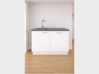 Wit keukenblok 120 cm met grafiet grijs blad, vaatwasser en spoelbak en kraan