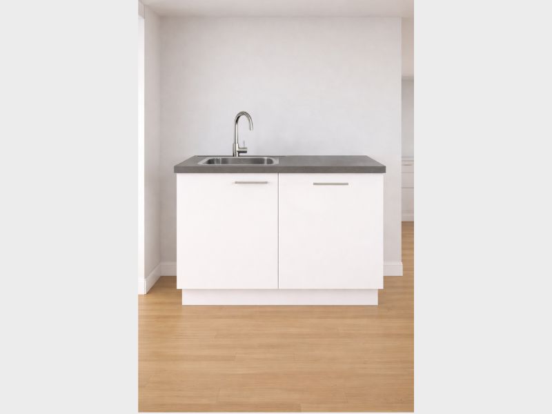 Wit keukenblok 120 cm met grafiet grijs blad, vaatwasser en spoelbak en kraan