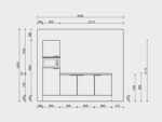 Tekening Keuken 240 met een combimagnetron, koelkast en spoelbak en kraan.