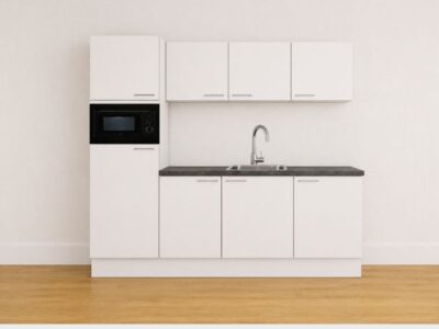Keuken 240 met een combimagnetron, koelkast en spoelbak en kraan en hangkasten