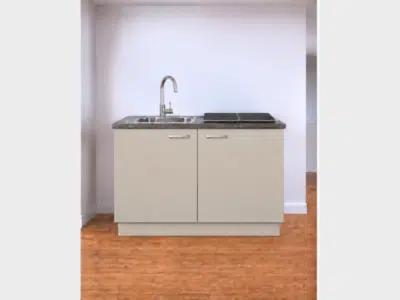 Kleur mat kasjmiergrijs, direct uit voorraad leverbaar! Complete keuken met inductiekookplaat, spoelbak en kraan— Plug & Cook, geen installateur nodig.
