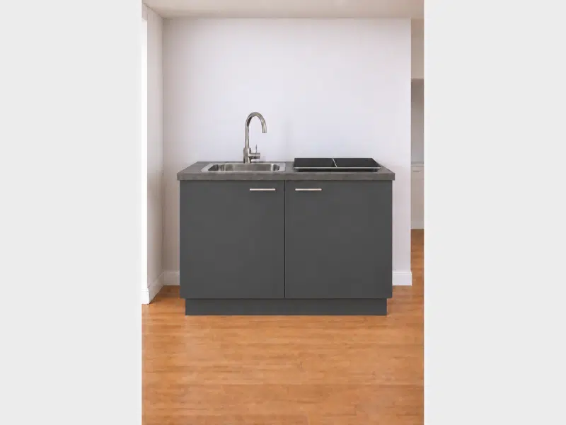 Keukenblok 120 _ pantry Kleur grafiet, levertijd 4-6 weken. Complete keuken met inductiekookplaat, koelkast, spoelbak en kraan — Plug & Cook, geen installateur nodig.