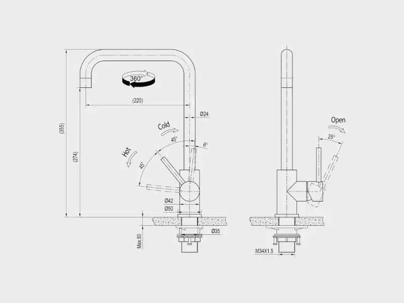 Maattekening Inventum keukenmengkraan met haakse uitloop