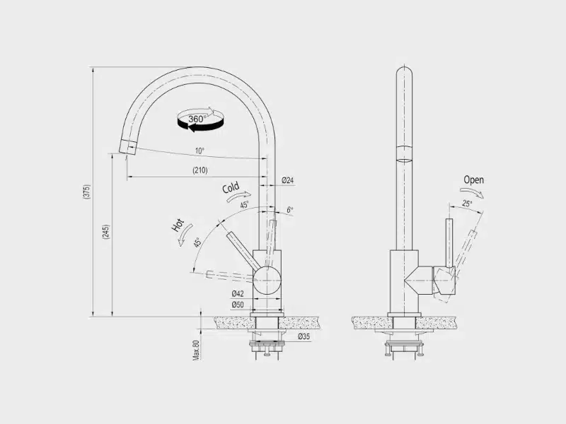 Maattekening Inventum keukenmengkraan met ronde uitloop