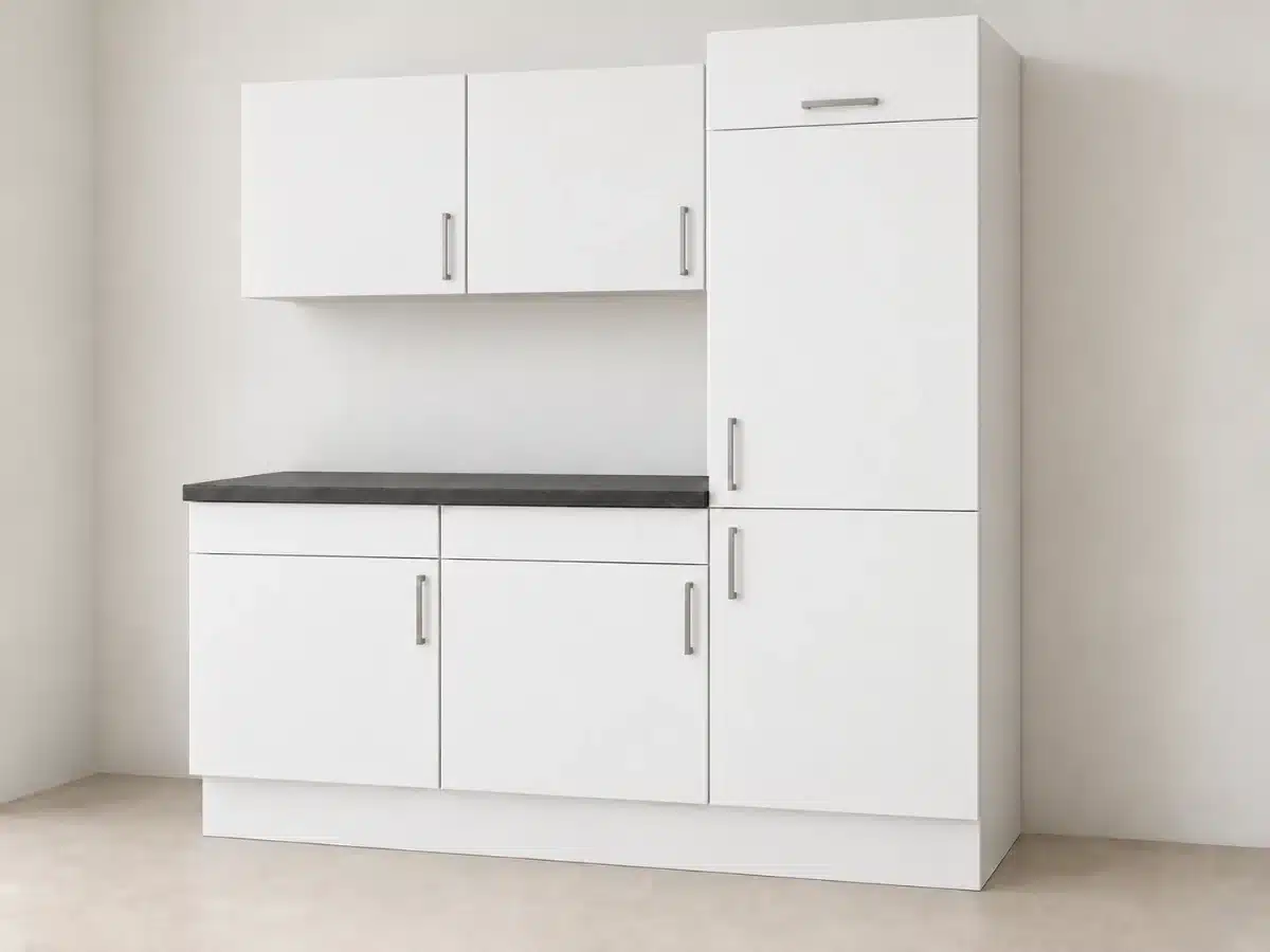 Impressie outlet keuken 180 cm wit met hoge kast, twee onderkasten, werkblad Beton Grafietgrijs en twee hangkasten Impressie outlet keuken 180 cm wit met hoge kast, twee onderkasten, werkblad Beton Grafietgrijs en twee hangkasten