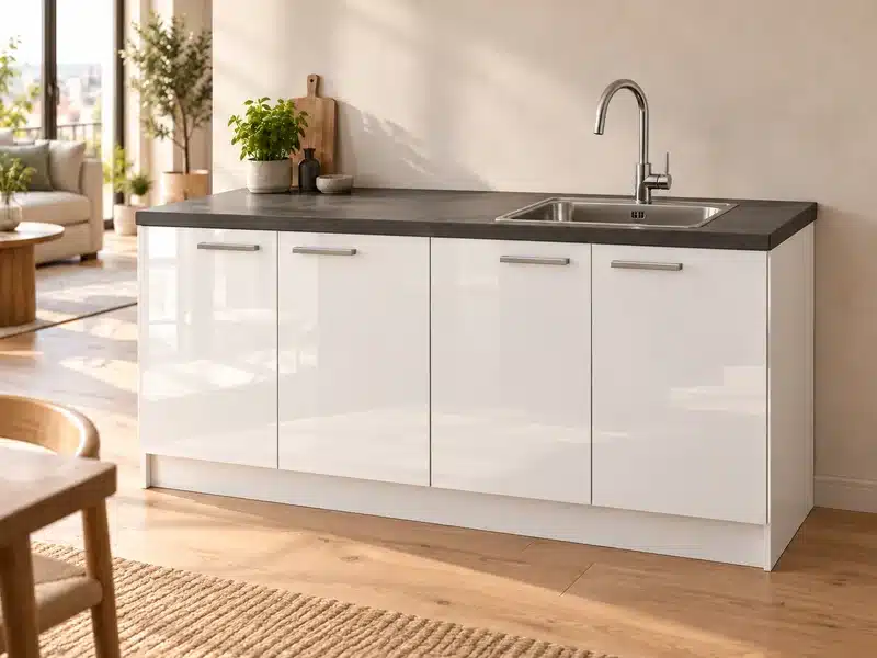 Impressie outlet keukenblok 180 cm hoogglans wit met werkblad Beton Grafietgrijs en spoelbak Impressie outlet keukenblok 180 cm hoogglans wit met werkblad Beton Grafietgrijs en spoelbak