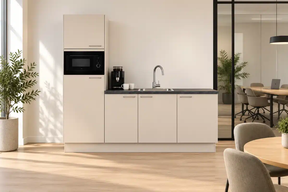Kasjmiergrijze pantry met hoge kast, magnetron, spoelbak en kraan op kantoor