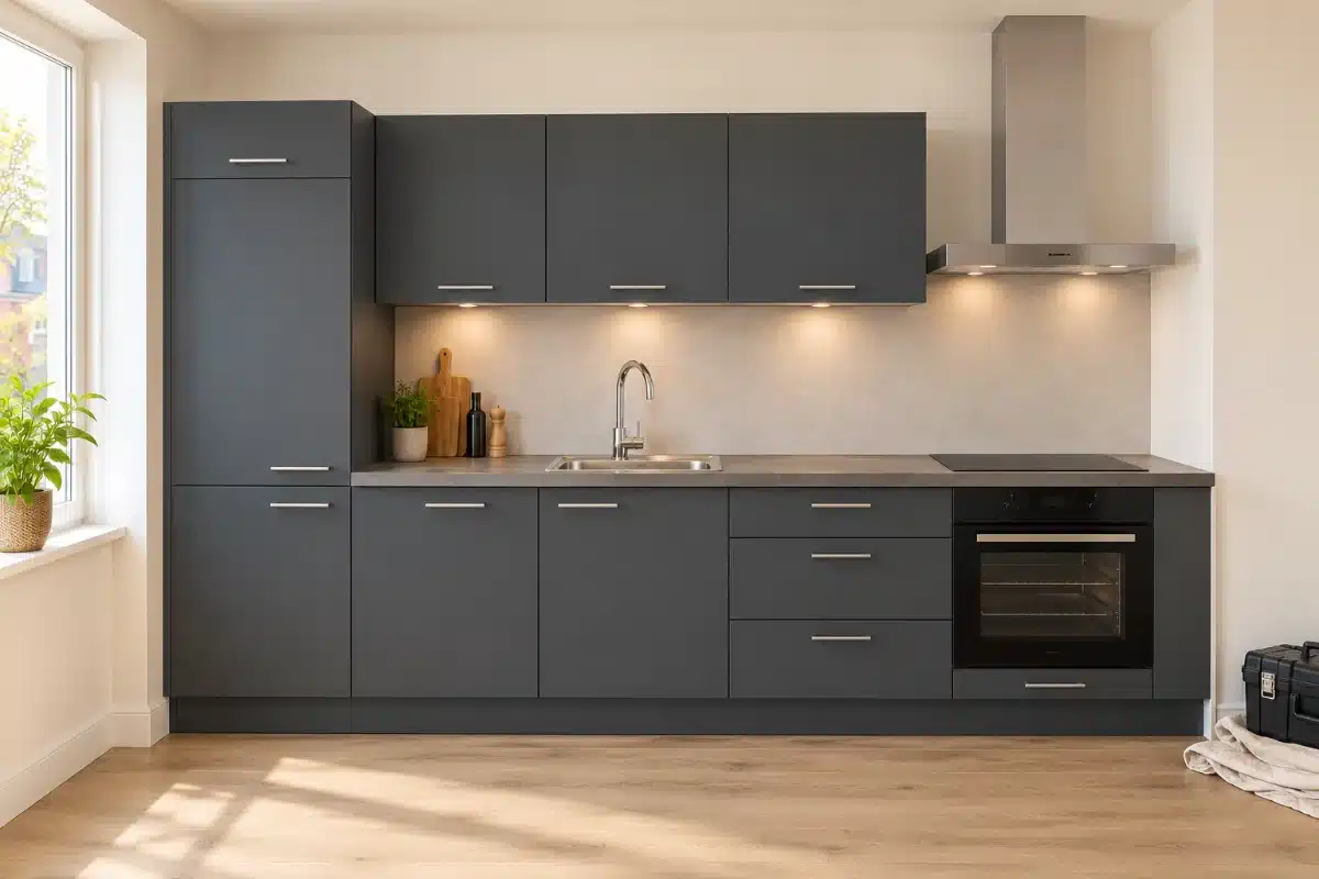 Grafietgrijze keuken met hoge kast, hangkasten en inbouwapparatuur na renovatie